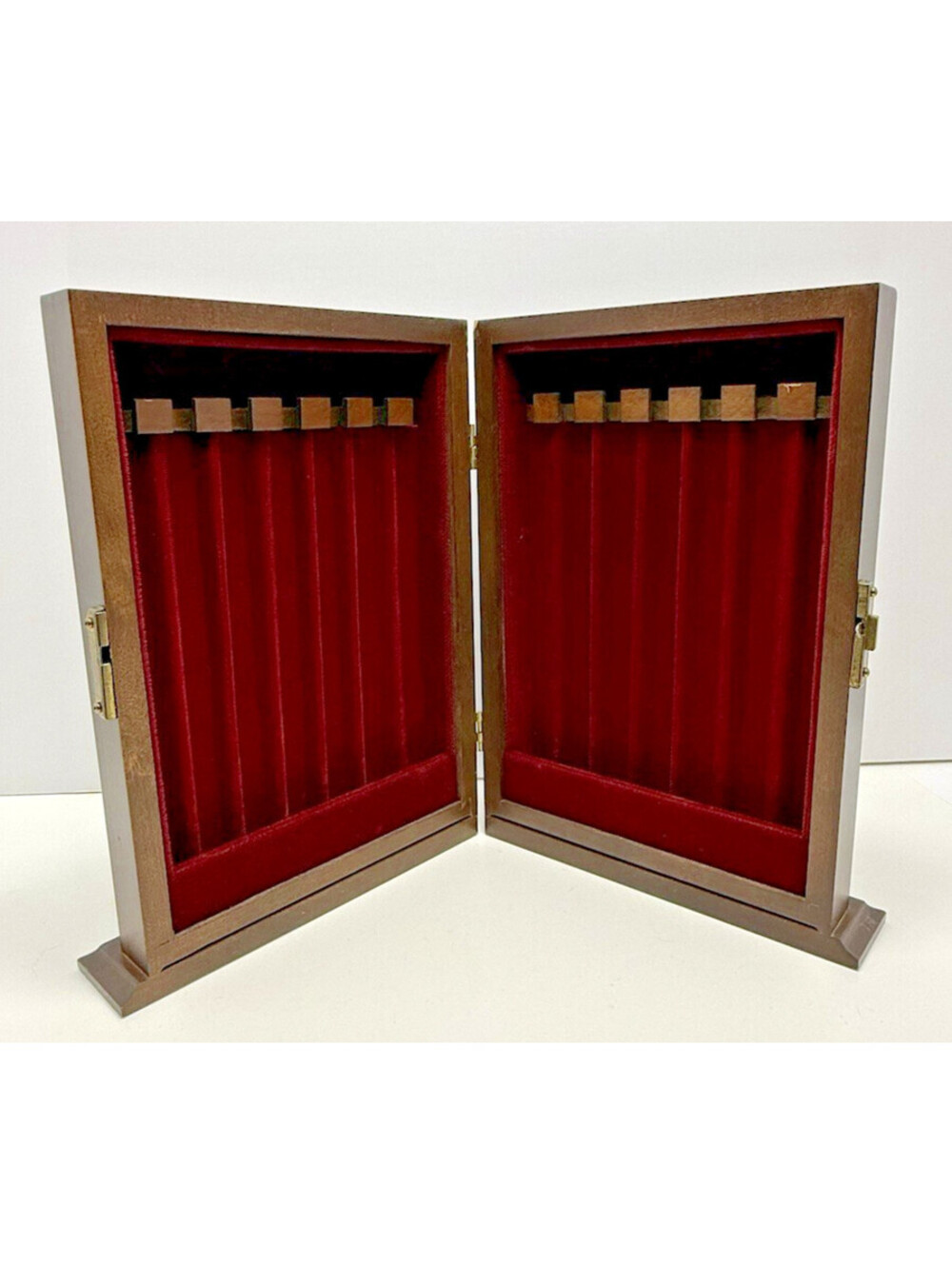 Jasco Dark Wood Red Velvet Lined Folding Jewelry Box w/hinge lock Slim Standing